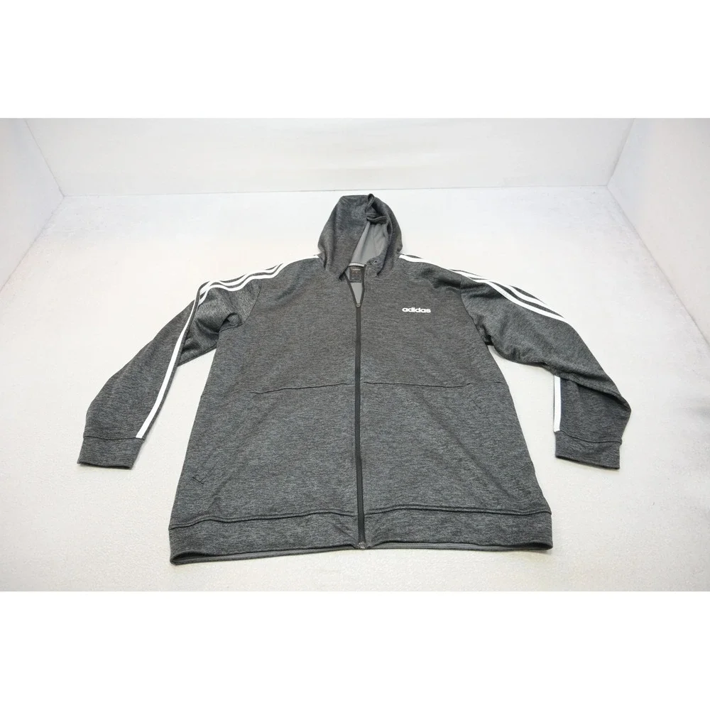 Adidas Full Zip Hoodie Mens XL Gray Heather 3-Stripe Fleece Jacket Excellent